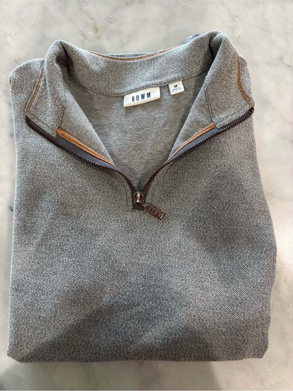 ROWM Men's Gray Zip-Neck Sweater with Subtle Tan Trim